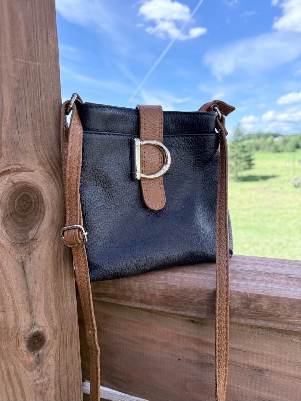Navy and Brown Pebbled Leather Crossbody